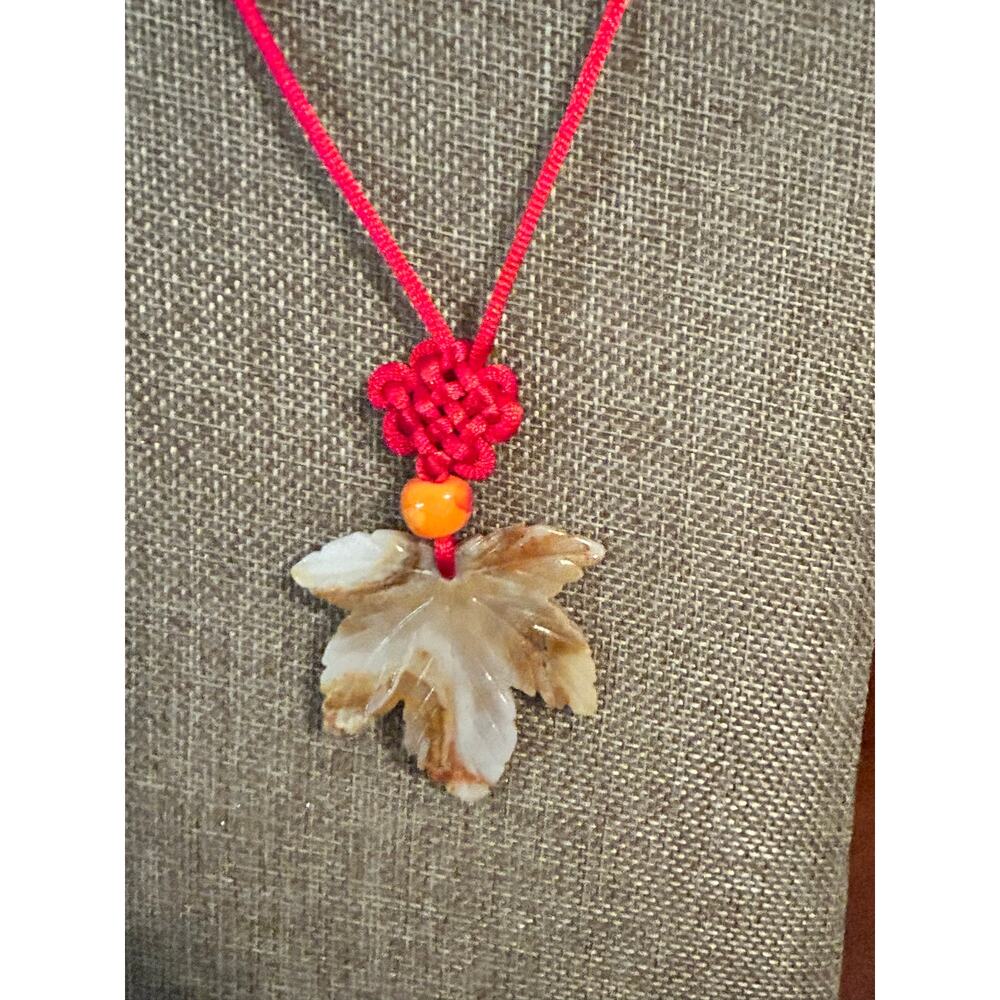 Hand Carved Chalcedony Maple Leaf Pendant Necklace Red Cord Accent - Picture 3 of 9